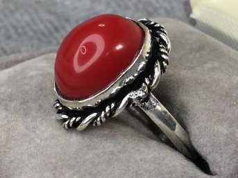 Very Pretty Sterling Silver / 925 Cocktail Ring With Highly Polished Red Coral - Brand New - Never Worn