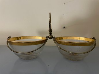 Mid Century Glass Brass Ring Condiment Holder