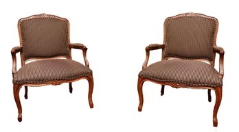Pair Of French Walnut Cabriolet Armchairs Upholstered In Two Fabrications