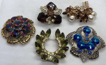 Grouping Of 5 High End Vintage Costume Statement Brooches- Circa 1940s/50s