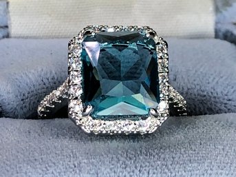 Stunning Brand New 925 / Sterling Silver Cocktail Ring With Aquamarine Encircled With White Zircons  - WOW !