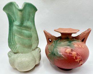 Vintage 1940s Roseville Bleeding Heart Amphora Vase & 1940s Niloak Winged Victory Vase