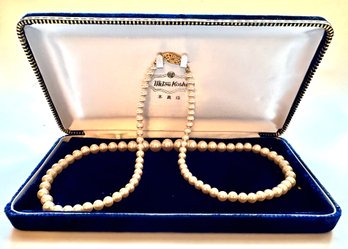 Genuine Pearl Necklace With Clasp Marked G. Silver In Velvet Box, Japan