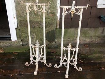 Incredible RARE Antique Matched Pair Of Wrought Iron Plant Stands - Fish Bowl Stands - Old White Paint - WOW !