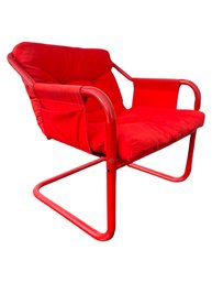 Mid Century Red Sling Lounger With Tubular Metal Frame - Side Pockets