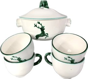 Gmundner Keramik Green Deer Pattern Tureen & 4 Handled Soup Bowls