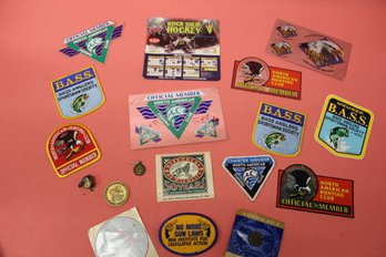 Mixed Lot Of Vintage Fishing & Hunting Patches, Stickers, Pinbacks, Etc.