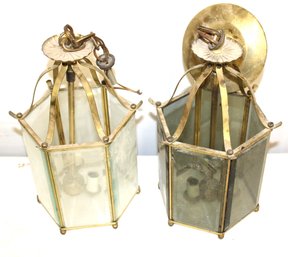 Pair Of Vintage Brass/glass Ceiling Mount Chandelier Light