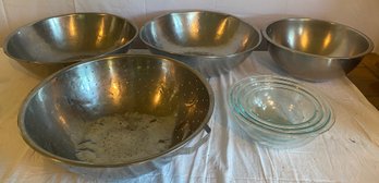 Three Oversized Metal Mixing Bowls, Oversized Colander, And Three Nesting Glass Pyrex Bowls