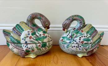 Pair Of Oriental Stoneware Swan Covered Vessels