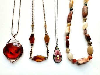 4 Necklaces: Amber, Carnelian, Cloisonne & Tumbled Stone