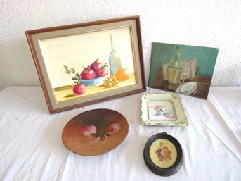 5 Piece Floral Still Life Art  And Painted Floral Plate