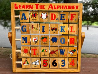 Vtg 'LEARN THE ALPHABET' Wooden Standing Easel Flip Wooden Blocks Toy