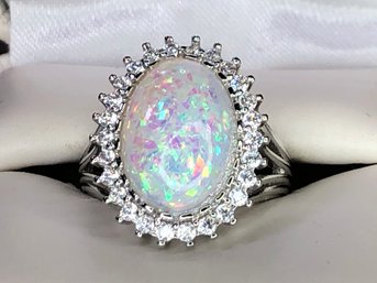 Stunning Brand New Sterling Silver / 925 And Opal Ring Encircled With Sparkling White Topaz - AMAZING RING !