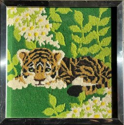 Vintage 1970's Tiger Needlepoint With Period Chrome Frame