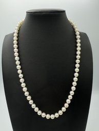 Elegant Single Strand White Pearl Necklace W/ 14k Yellow Gold Clasp