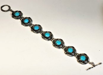 Israeli Sterling Silver Turquoise Link Bracelet Signed 7' Long