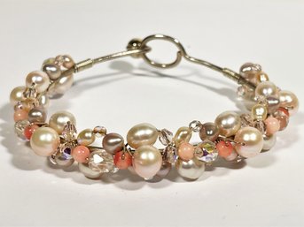 Silver Tone Genuine Pink Pearl And Coral Beaded Bracelet