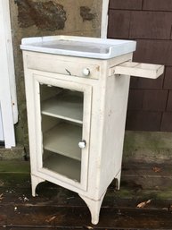 Fantastic Antique Medical / Industrial Cabinet - Glass Door - Enamel Top With Swing Out Tray Drawer - 1930s1