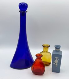 4 Pc Lot ~ Tall Blue Mid Century Bottle, Small Jasperware Wedgwood Vase & More ~