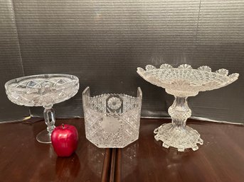 Collection Of Vintage Cut Glass 2 Compotes And 1 Ice Bucket