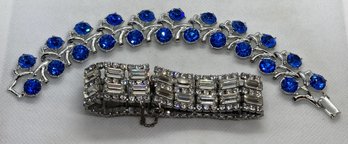 1930s Art Deco Rhinestone Encrusted Statement Bracelet And Blue Rhinestone Runway Bracelet