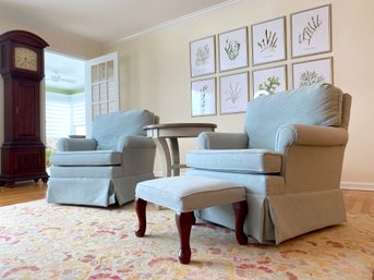 Pair Of Upholstered Powder Blue Swivel Rocking Arm Chairs With 1 Ottoman On Cabriole Legs