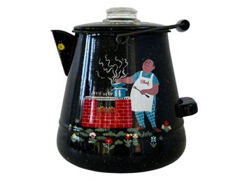 Big Dad Energy Right Here! Vintage Painted Enamelware Coffee Percolator - The Party's Fine Come On In...