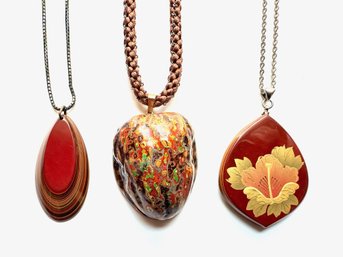 2 Genuine Lacquer Pendant Necklaces & Painted Nut Pendant Necklace, Japan