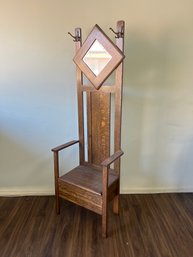 Oak Hall Tree With Beveled Glass Mirror And Storage Bench