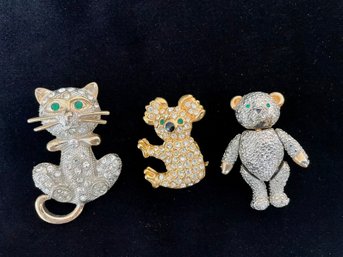 Trio Of Encrusted Animal Pins Each With Green Eyes, Articulating Teddy Bear