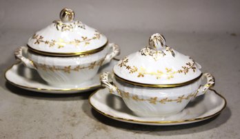 Pair Richard Ginori Gold Decorated Porcelain Small Size Tureens W Attached Liners