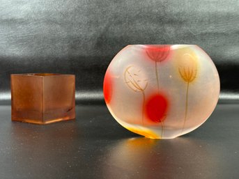 A Beautiful Frosted Art Glass Vase & Compatible Square Frosted Glass Vessel