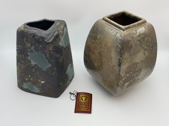 Pair Of Vintage Tony Evans Raku Pottery Vases