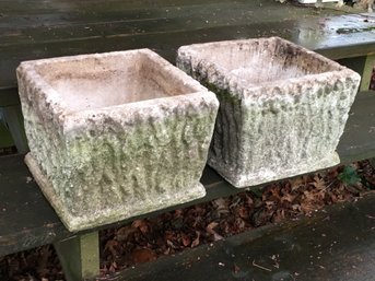 Beautiful Pair Of Vintage Bark Finish Cement Planters - Great Size - Very Nice Old Mossy Patina - Nice !