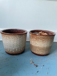 Folk Art Pair Of Two Drip Glazed Pottery Planter Pots