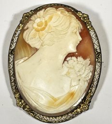 Antique Hand Carved Shell Cameo Filigree Brooch Edwardian