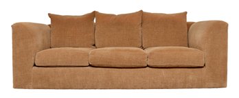 Kreiss Collection Stylish Capuccino Chenille 3-Cushion High Arm Shelter Sofa With A Luscious Subtle Brown Trim