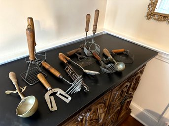 Group Antique Wood Handled Kitchen Utensils