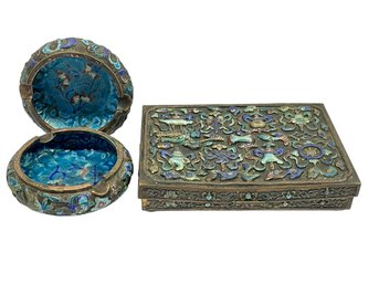 Antique Chinese Export Cobalt Enamel Gilt Metal Box And Two Ashtrays
