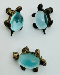 VINTAGE SMALL BLUE JELLY BELLY TURTLE SCREWBACK EARRINGS AND BROOCH - BROOCH AS-IS