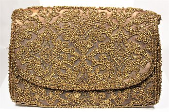 Vintage Satin Evening Bag Having Micro Glass Beaded Decoration Chocolate In Color