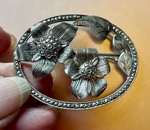 Vintage Sterling Silver And Marcasite Oval Pin With Flowers