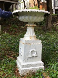 Spectacular Enormous Antique Victorian Cast Iron Urn On Plinth - Old Chippy White Paint - INCREDIBLE PIECE !