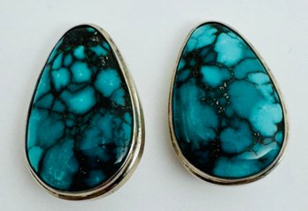 LARGE STERLING SILVER TURQUOISE CLIP-ON EARRINGS