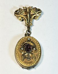 Victorian Gold Filled Lavaliere Locket Pendant Brooch Having Amethyst Stone 1860s