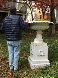 Spectacular Enormous Antique Victorian Cast Iron Urn On Plinth - Old Chippy White Paint - INCREDIBLE PIECE !