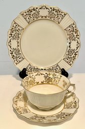 Lovely Vintage Schirnding Porcelain Tea Cup And Luncheon Plate Set Gold Rimmed