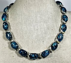 Vintage Blue Art Glass Stone Silver Tone Necklace