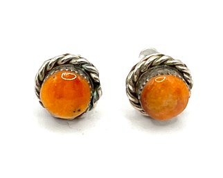 Vintage Sterling Silver Orange Stone Stud Earrings